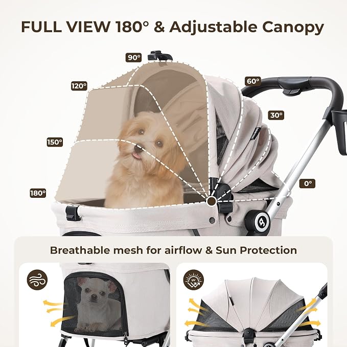 Beberoad Pet Stroller for Small Dogs and Medium Pets 4 Wheel | Aluminum Alloy Frame, All-Terrain Wheels, One Hand Fold Stroller, Lightweight Roomy Cabin
