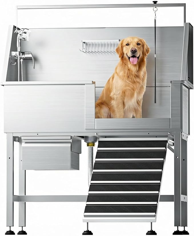 RDCMKL 46" Dog Washing Station, Leak-Proof 304 Stainless Steel Dog Bathtub with Non-Slip Removable Left Ramp & Storage Drawer, Elevated Pet Wash Station for Large Dogs, Garage & Outdoor Use