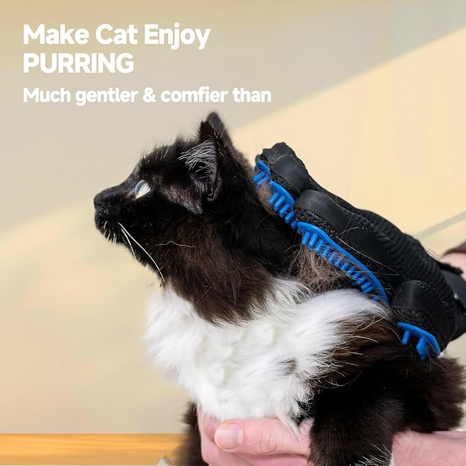 4 Pack Pet Grooming Kit - Deshedding Rake, Fine Tooth Comb, Grooming Gloves & Bath Brush for Dogs,Cats and Horses - Skin Friendly Deshedding Grooming Tool (Blue)