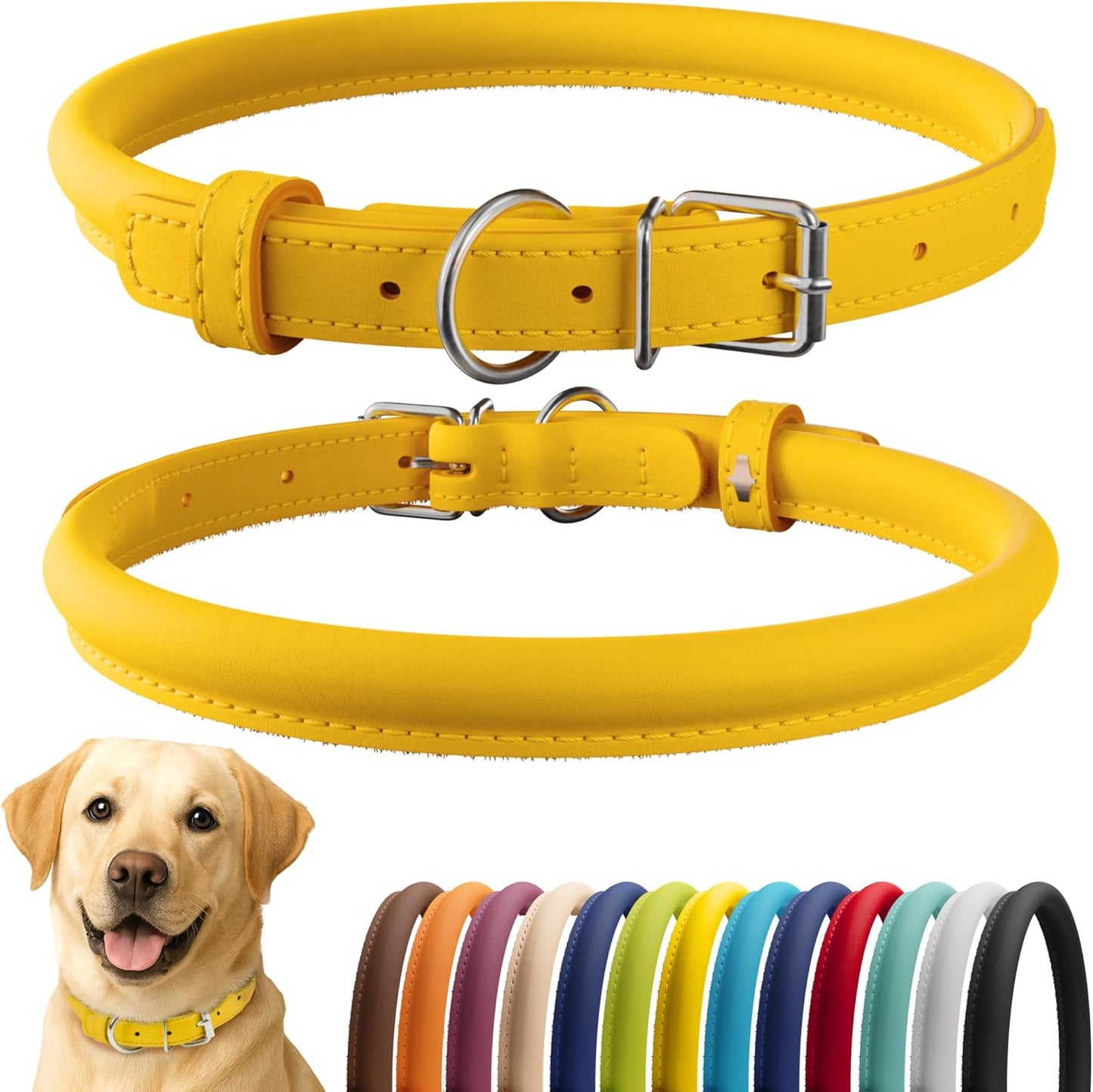 CollarDirect Rolled Leather Dog Collar, Soft Padded Round Puppy Collar, Handmade Genuine Leather Collar Dog Small Large Cat Collars 13 Colors (15-19 Inch, Yellow Smooth)