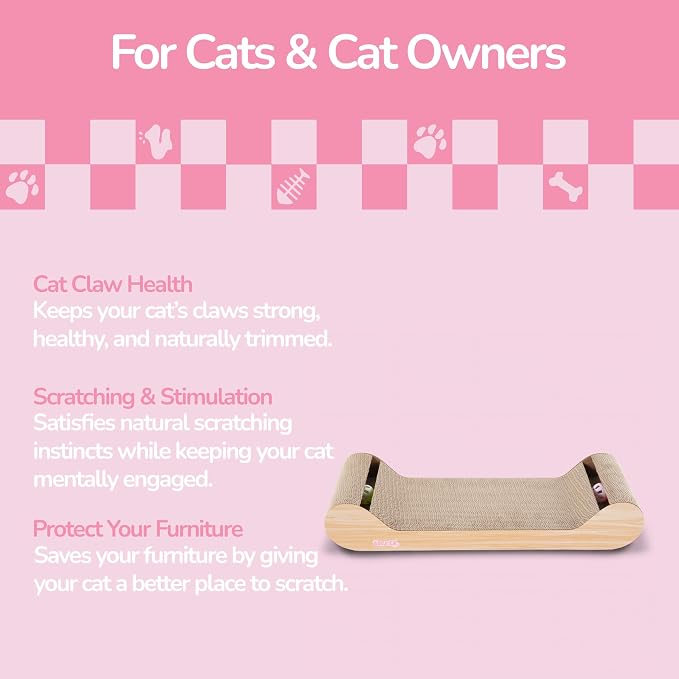 Rini 23.75" Modern Corrugated Cardboard Lounge Bed with Built-in Bell Toys and Catnip, Ergonomic Curved Sofa Scratcher for Indoor Cats, Oak Wood Finish, (Set of 2) CSR1003C-SET2