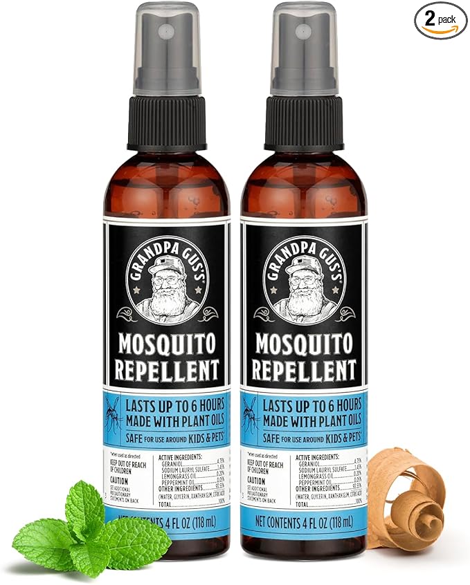 Grandpa Gus's Natural Mosquito Repellent Spray - DEET-Free Plant-Based Insect Repellent for Kids and Family, Up to 6 Hours, Travel-Friendly Bug Spray, 4 oz 2 Pack