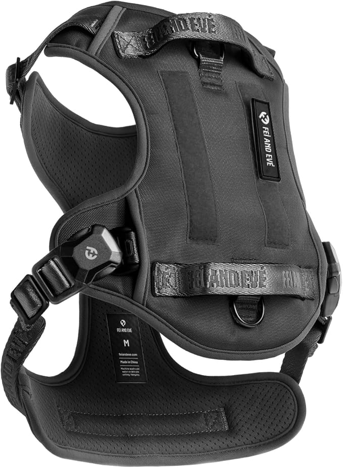 Fei & Eve Classic Dog Harness, MagEase Magnetic Buckle | 3-Point No-Pull Control, Dual Handle Support, 900D Nylon, Tactical Patch Panel, Heavy Duty, Large, Black