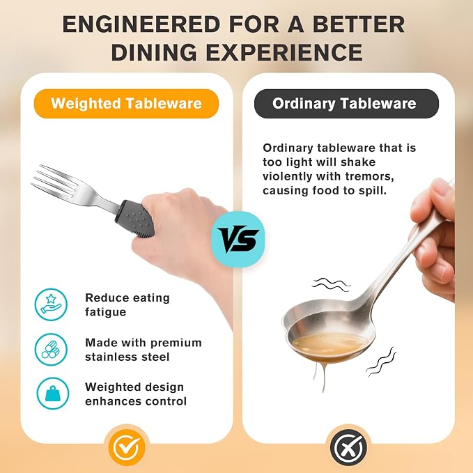 AuntyFey 4PCS Weighted Adaptive Utensils, Parkinsons Utensils for Hand Tremors, Elderly, 3.5oz Weighted Utensils for Tremors and Parkinsons Patients, Disabled (Gray, Straight)