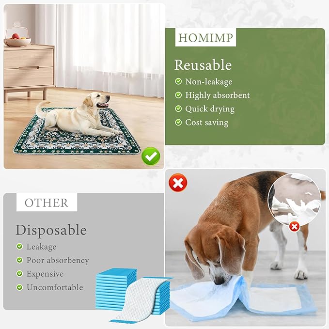 Homimp Washable Pee Pads for Dogs, 2 Pack Reusable Puppy Pads Waterproof, Absorbent and Leakproof Dog Pee Pads, Non Slip Puppy Training Pads, Pet Mat for Floor, Crate, Couch, Whelping,Green, 18"x24"