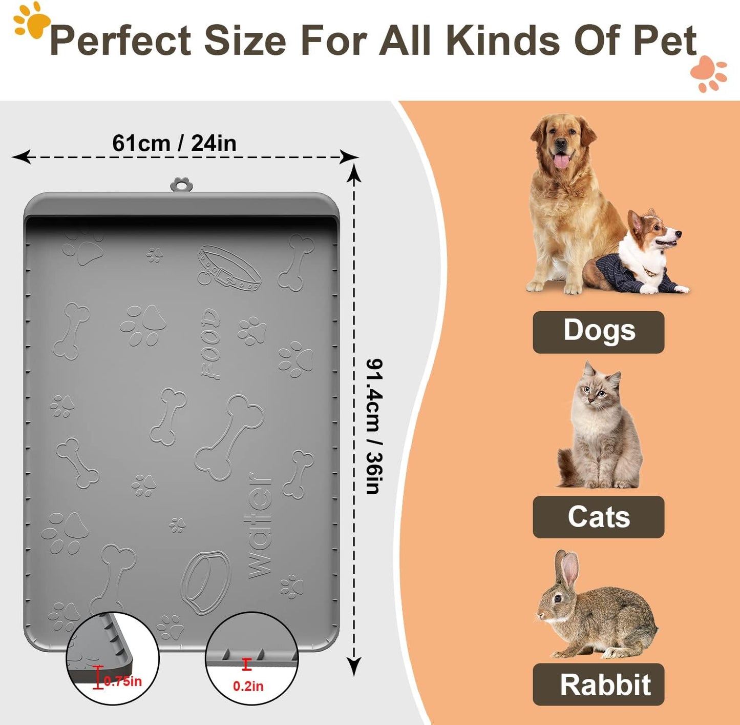 Dog Food Mat - Silicone Dog Mat for Food and Water - 36" x 24" Large Pet Feeding Mats with Residue Collection Pocket - Waterproof Dog Cat Bowl Mat with High Edges to Prevent Water Food Spills (Gray)