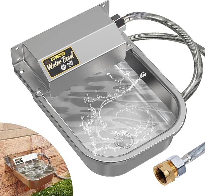 Automatic Self-Filling Dog Water Bowl,3L/101oz | Stainless Steel Outdoor Large Capacity Pet Water Dispenser with Float Valve,Fits 3/4" Garden Hose for Dogs,Cats&Livestock