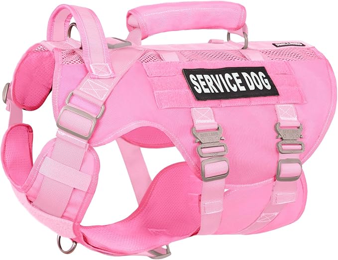 Service Dog Vest for Large Dogs, Pink Tactical Harness with Military MOLLE, Breathable Mesh & 39g Metal Buckle - Size XL for Training & Hiking