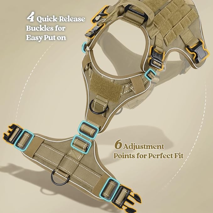 rabbitgoo Tactical Dog Harness X-Large, Heavy Duty Military No Pull Vest | Sturdy Metal Buckles, 5 Adjustments, Molle System, Powerful Pullers for Training, Hunting, Outdoor, Brown Reflex, X-Large
