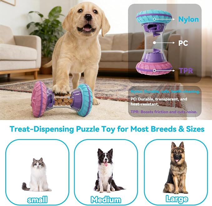 MateeyLife Interactive Dog Puzzle Toy, Adjustable Treat Dispensing Slow Feeder for IQ Training, Silent Quiet Roller for Small Medium Dogs, Boredom Relief Enrichment Toys to Keep Them Busy