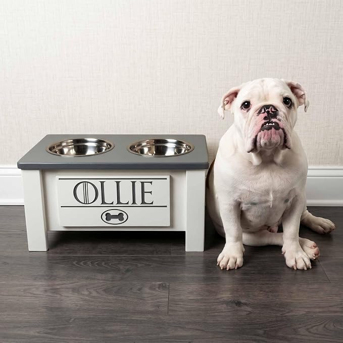 Elevated Dog Bowls, Personalized Raised Dog Bowl Stand for Medium Dogs | Farmhouse Style, Elevated Wood Stand, Storage Container, Stainless Steel Bowls, Raised Anti-Slip Feeder, Made in USA