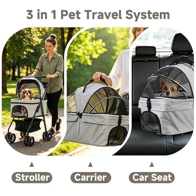 Pet Stroller for Small Dogs and Cats with 4 Wheels, 3 in 1 Foldable Dog Stroller with Detachable Carrier, Breathable Mesh, Storage Basket & Cup Holder, Up to 33 lbs