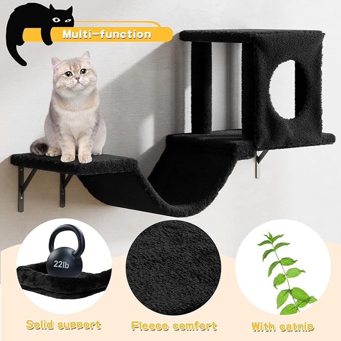 12-in-1 Cat Wall Shelves, Luxury Wall-Mounted Cat Climber Set with Condos House, Scratching Post, Bridge Ladder, Indoor Space-Saving Furniture for Kittens, Black