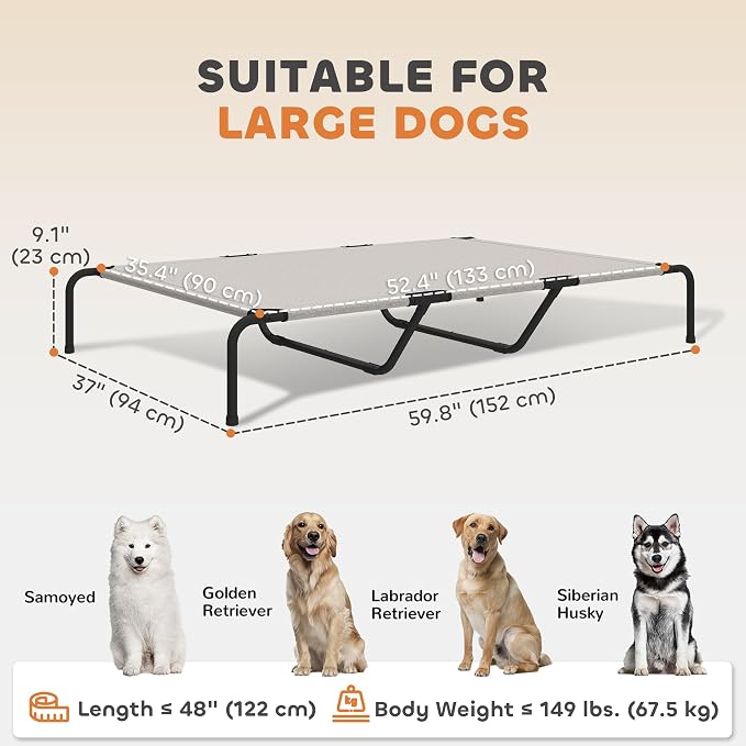 PawHut Elevated Dog Bed for Large Breeds Easy to Assemble 60" L Beige | Outdoor Dog Bed, No Tools Required, Portable Raised Pet Cot, Steel Frame and Breathable Mesh