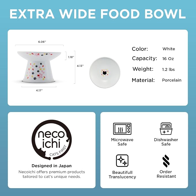 Necoichi Elevated Cat Food Bowl, Ceramic (Porcelain), Whisker-Friendly, Dishwasher & Microwave Safe, Non-Slip Silicone Base, Anti-Vomiting & Neck Fatigue (Sakura Floral, Extra Wide)