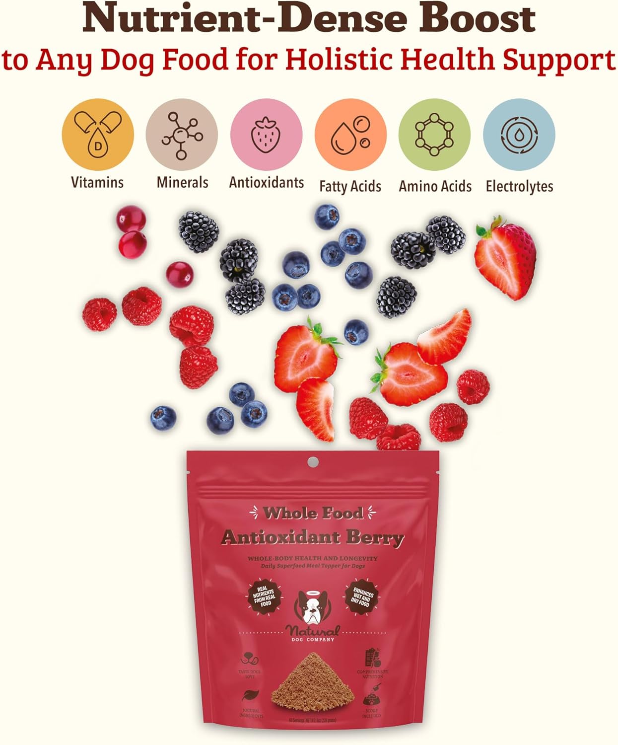Natural Dog Company Dog Food Topper, Antioxidant Berry Vitamins & Superfood Meal Topper Supplement, Holistic Nutrition, Dog Food Seasoning, Immune Support, All Breeds, Ages, & Sizes of Dogs, 8oz Bag