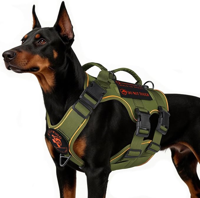 Reflective Tactical Dog Harness with AirTag Holder&3 Pet Patches, Green L | Heavy Duty No Pull Dog Harness, Adjustable Dog Harness, Two Handles, Breathable Mesh Padding, Resists Dirt and Stay Clean