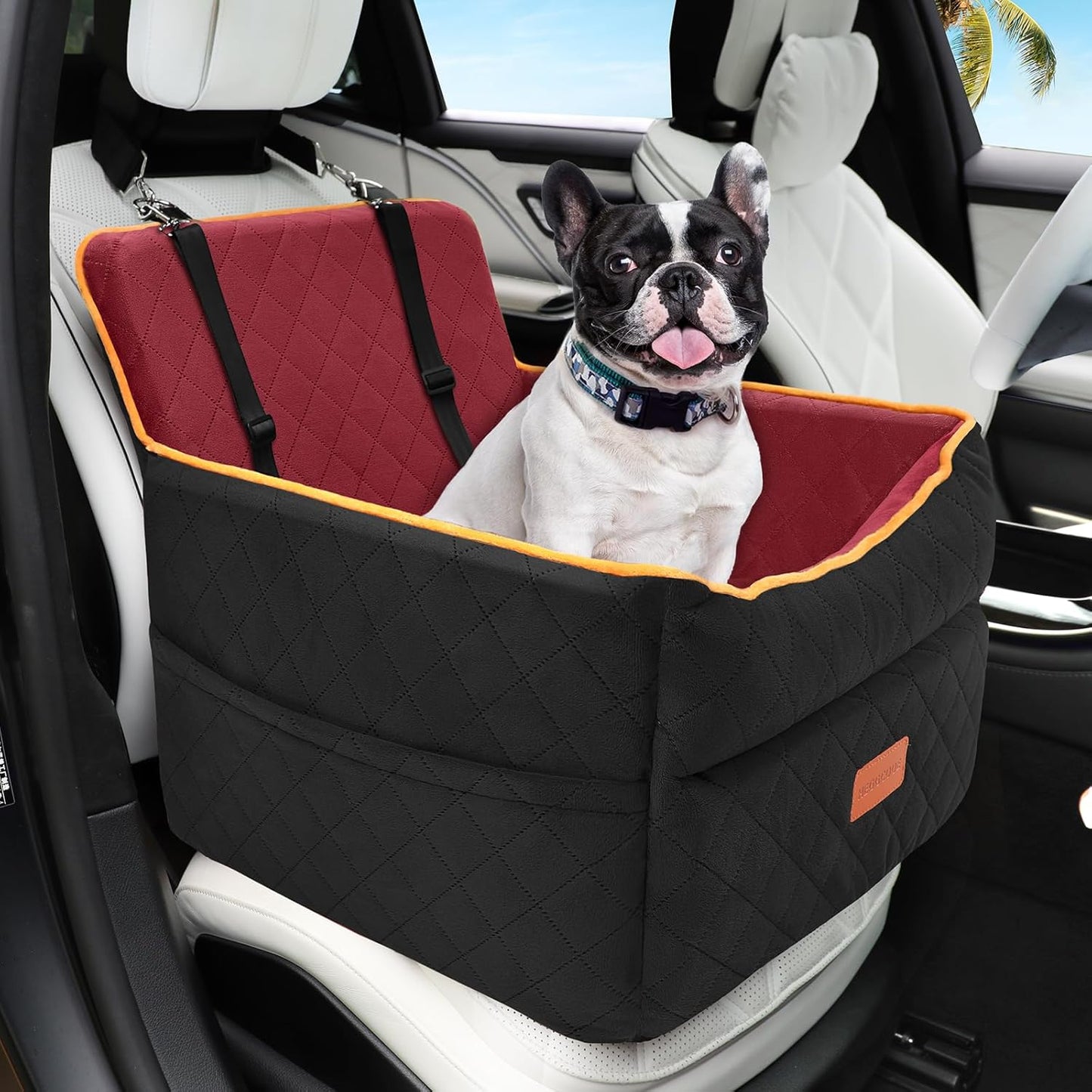 Dog Car Seat for Small Medium Dogs, Memory Foam Puppy Dog Booster Seat with Thick Cushion for Dogs Under 35lbs, Detachable Washable Pet Car Seat Travel Bed with Storage Pockets,2 Safety Belts