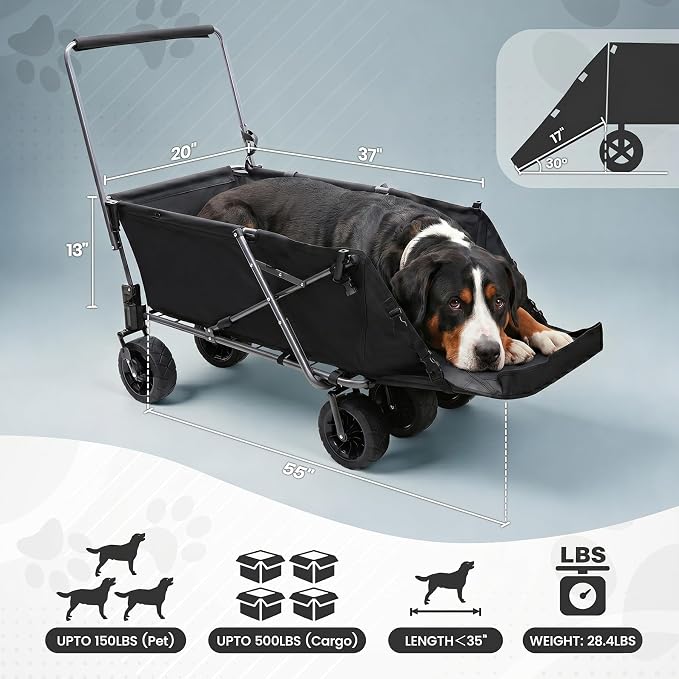 REDCAMP Folding Dog Wagon for Large Dogs, 150lbs Dog Stroller with 6 Wheels | Collapsible Utility Cart with 17.3" Extendable Ramp for 2 Medium Dogs, 6 All-Terrain Wheels with Brake for Senior Pet, Black