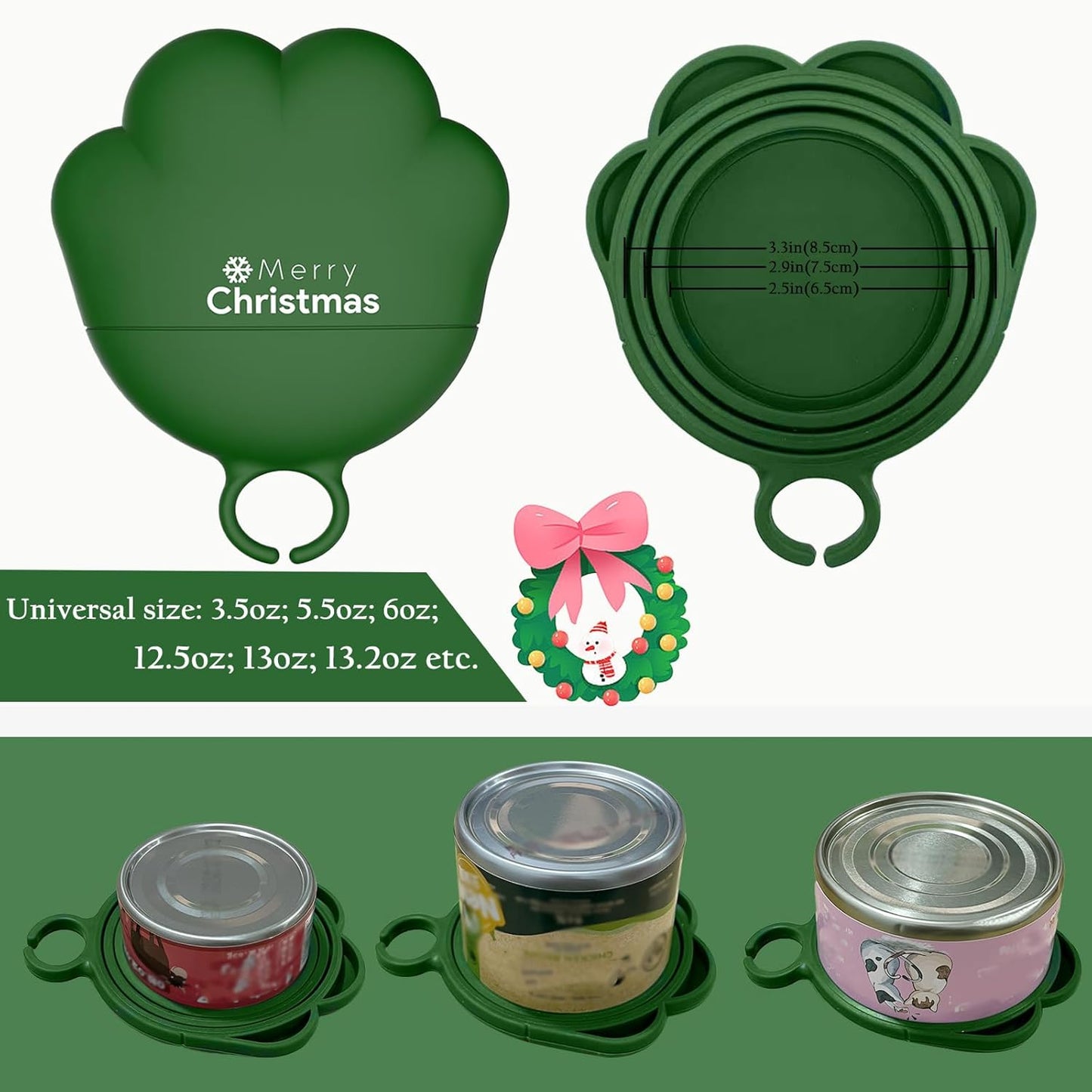 Christmas Pet Set - 3 Cat Food Can Lids & 1 BPA-Free Opener | Cute Paw Shape Can Covers and Opener Spatula Spoon for Wet Food | Silicone Spoon & Covers for Dog Cat - Paw Green