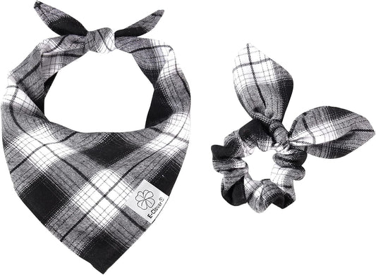 E-Clover Dog Bandanas & Matching Scrunchie Set Boy Plaid Dog Scarf Triangle Bandana Bibs for Medium Large Dog Owner Birthday Gifts Black White