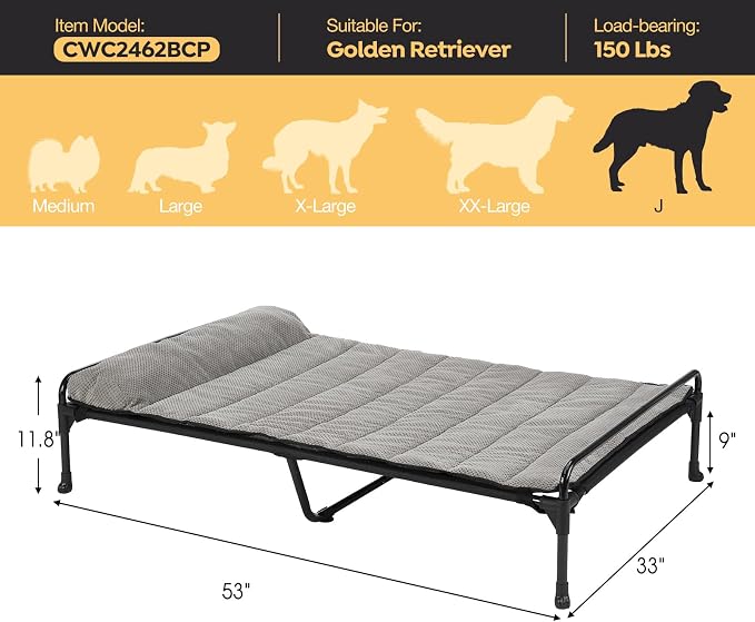 Veehoo Elevated Raised Dog Bed+Removable Padded Bolster-Cooling Outdoor Indoor Dog Cot Bed with Railing for Large Sized Dogs, Pet Cot Dog Hammock Bed Elevated Dog Couch Ded with Bolster-53 x 33"