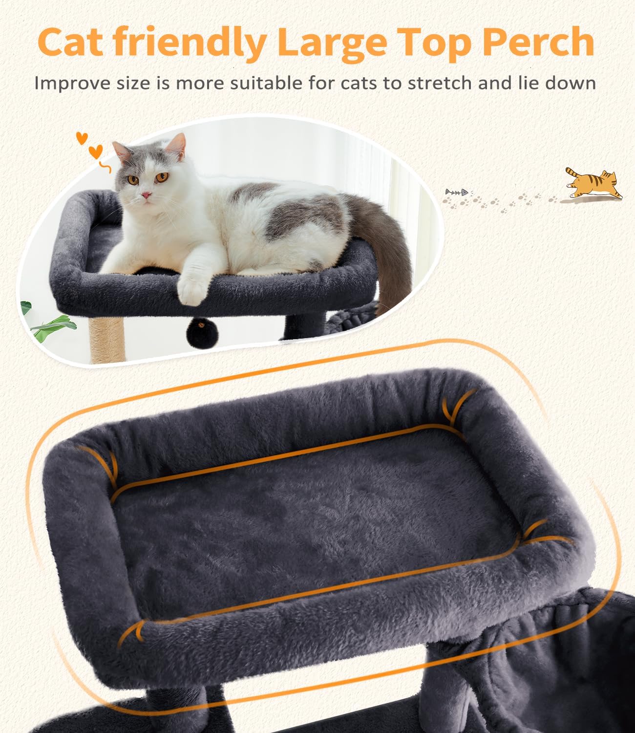 Cat Tree Large Cat Tower Tree 68" Multi-Level Cat Tower for Indoor Cats with Sisal Scratching Posts, Widen Cat Perche, Square Hammock, 2 Widen Condos, Scratching Posts, Grey