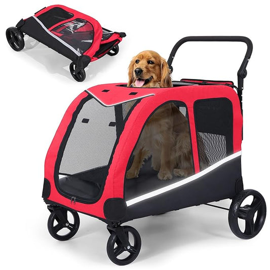 Saudism Dog Stroller for Large & Medium Dogs (up to 160lbs), Pet Stroller for 2 Small Dogs, Extra Large Heavy Duty, Dog Wagon Foldable & Adjustable Handle with Pocket, Red