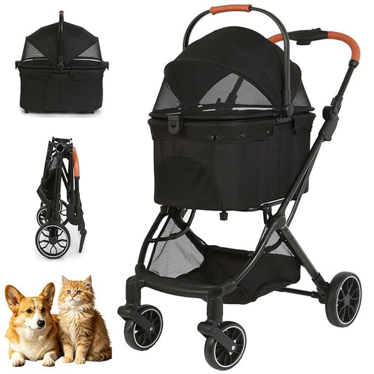 Pet Stroller for Small Dogs and Cats, Detachable Dog Cat Stroller with All-Terrain Shock Absorbing Wheels, One-Click Foldable Design, Adjustable Canopy (Black)