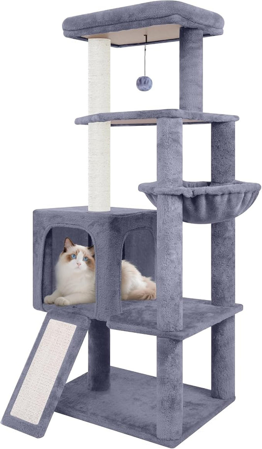 TWDEPART 55" All-in-One Cat Tree Tower with Scratching Board & Posts Cozy Sleeping Perch Hammock and Toy Balls,Grey