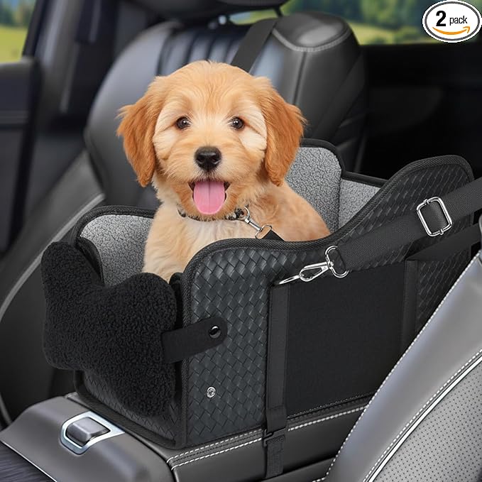 Dog Car Seat for Small/Medium Dogs Under 15 lbs with 2 Replaceable Dual-Sided Summer/Winter Cushions, Portable Booster & Pet Bed for Back & Front Seat Travel, Carrier with Leash Clip