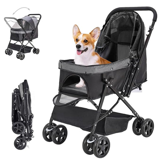 Lightweight Dog Stroller with Reversible Handle for Medium Small Dogs and Cats, Foldable Pet Stroller Travel Carriage with Large Storage Basket, 4 Wheels, Black