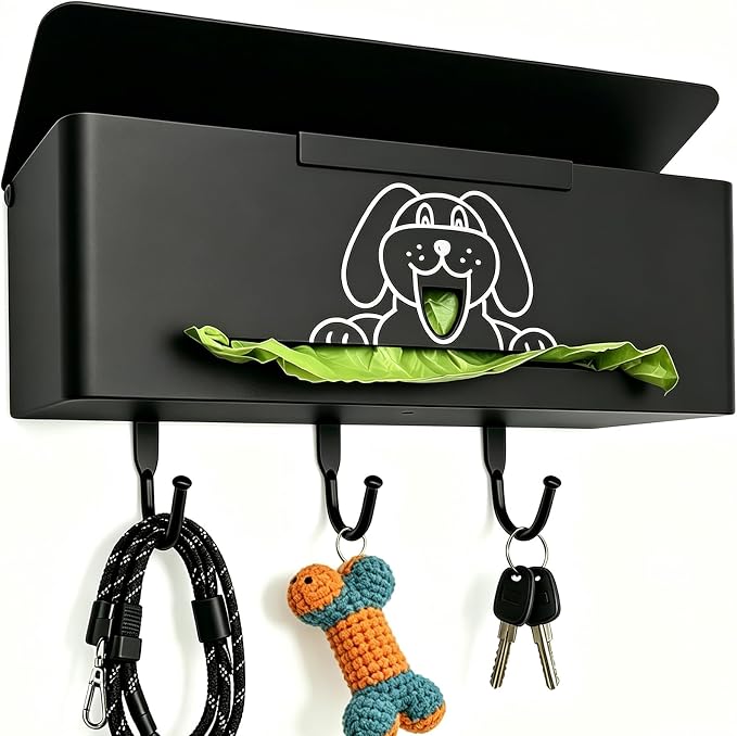 Poop Bag Holder Wall Mount Dog Poop Bag Dispenser with Hooks 200/300 Single Large Roll Pet Waste Station Bags Dispenser Indoor, Metal, Black