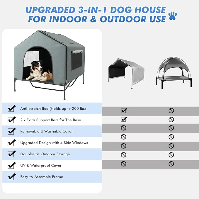 Dog House Outdoor, 43" Tall 3-in-1 Elevated Dog Bed with Roof | 4-Side Breathable Mesh Window, Dog Shelter for Large Dog Breeds Outside, Dog Tent with Canopy, Weatherproof Waterproof, 200LB