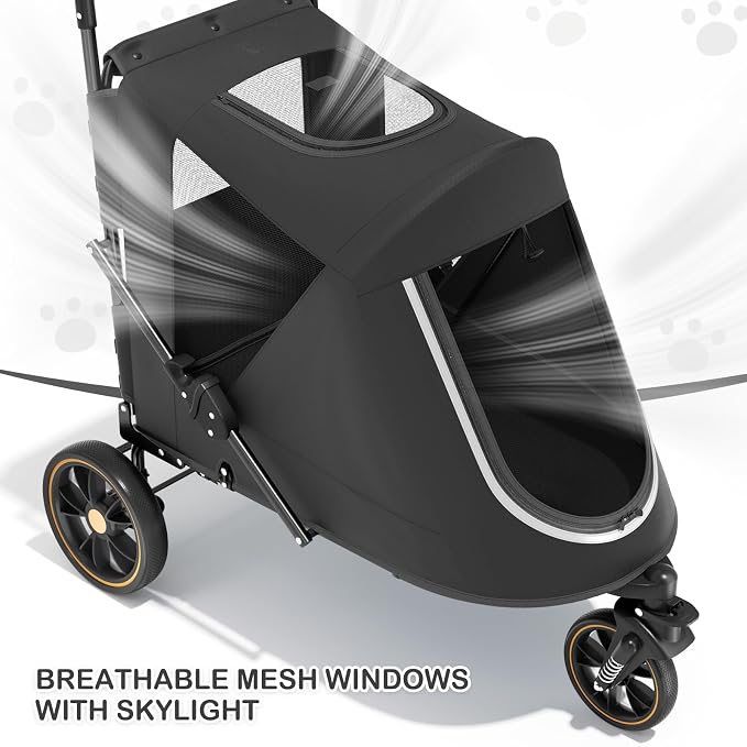 MoNiBloom Pet Stroller for Large Dogs or Dogs Cats up to 55 lbs, Black | with Adjustable Handle, 3-Wheels Dual Entry Portable Dog Carting Easy Folding Pet Wagon Double Multiple Dog Stroller