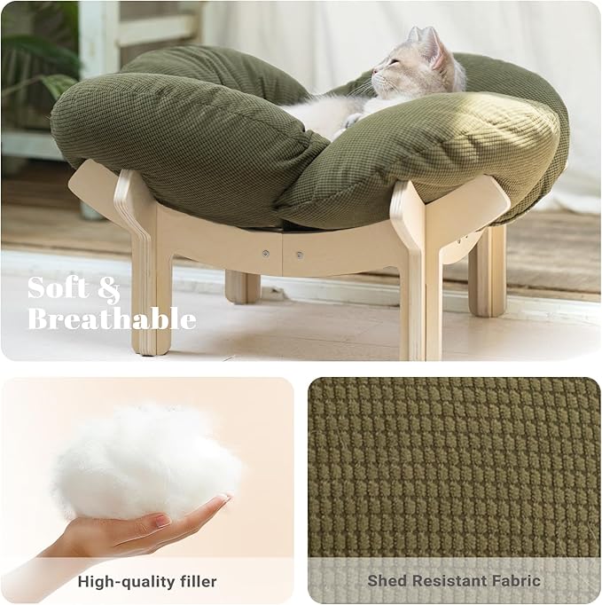 CHEERHOME PETS Elevated Cat Bed Wooden with Cushion Fluffy Pet Couch Sofa for Indoor Cats Raised Kitty Lounge Chair Suitable for Puppy, Cat Furniture(Green)