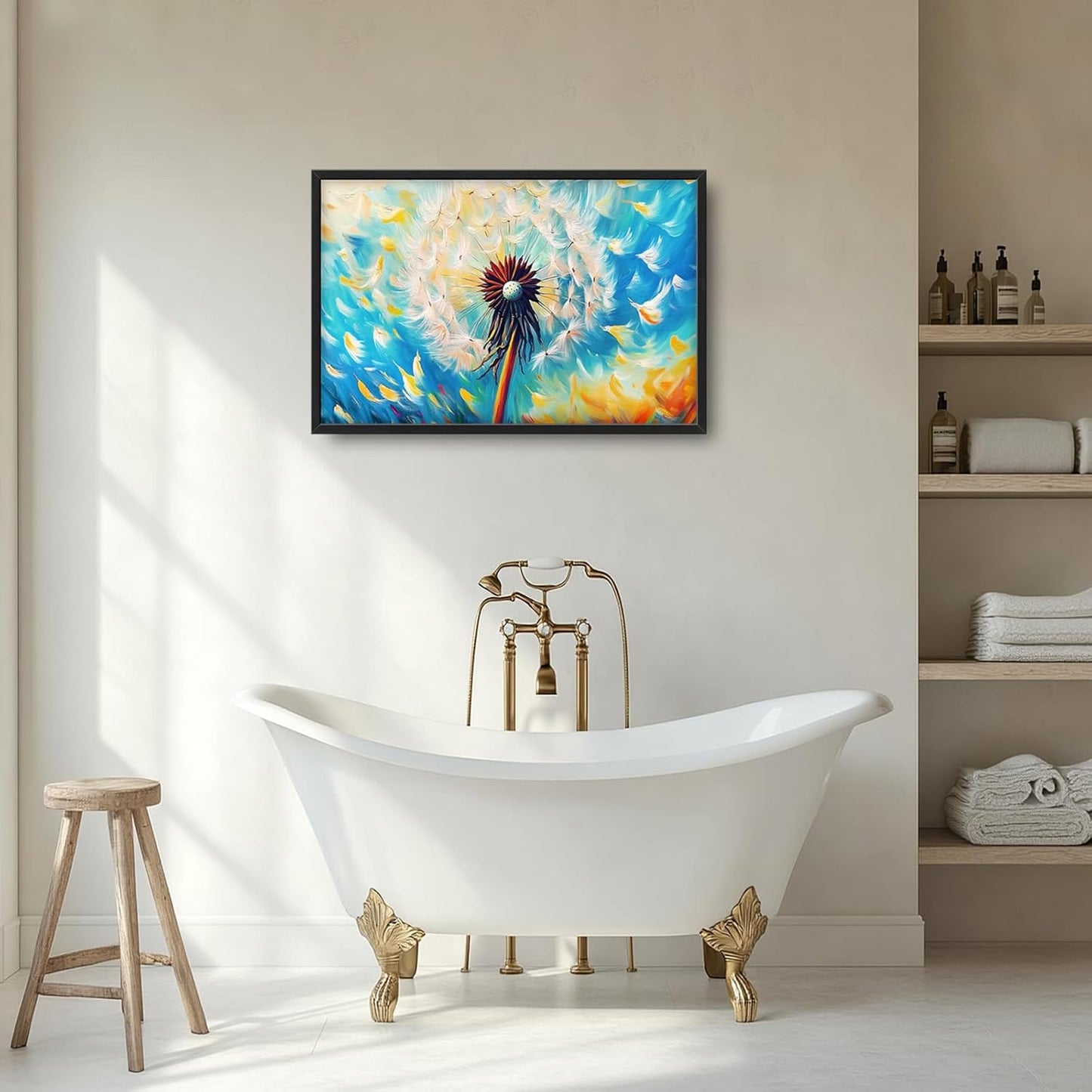 Extra Large Abstract Dandelion Framed Wall Art for Living Room,Oversized Colorful Dandelion Flower Pictures Wall Decor,Blue Canvas Print Painting Modern Artwork Bedroom Office Bathroom 36L" x 24W"