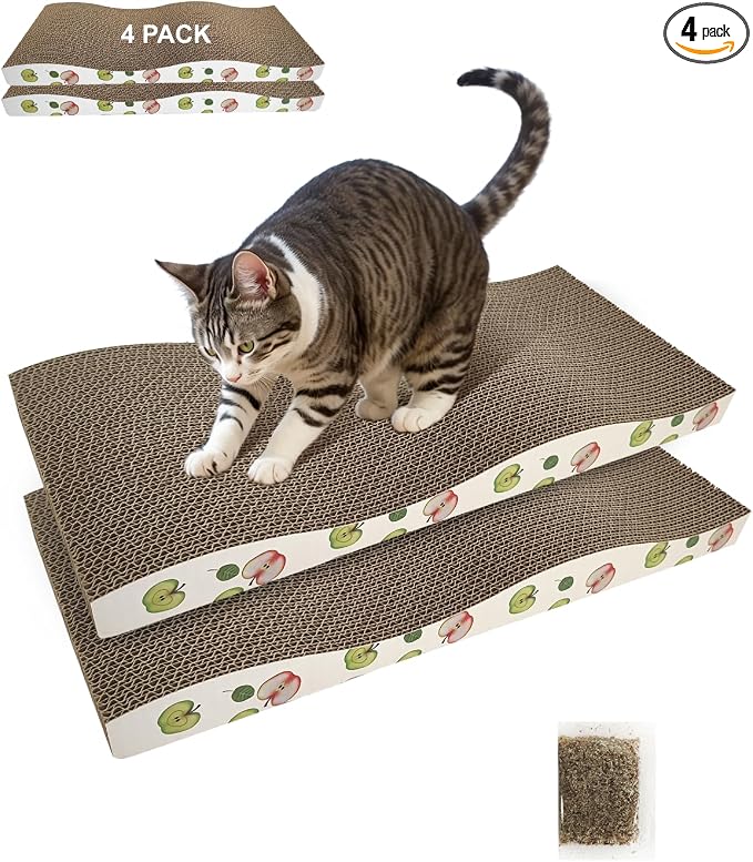 TIMHAKA Cat Scratching Board, Corrugate Cat Scratcher for Indoor Cats with Catnip, Cat Scratch Pad with Premium Scratch Textures Design, Cardboard Cat Scratcher with Double-Sided Usability (Pack of 4)
