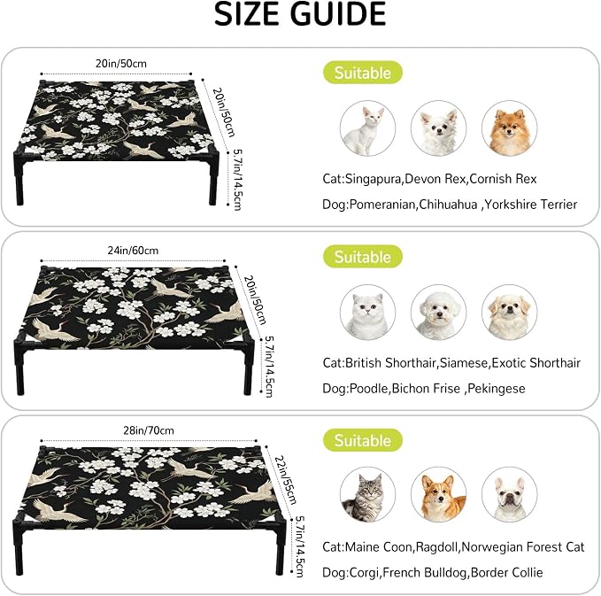 Outdoor Elevated Dog Bed for Medium Dogs, Spring Floral Breathable Cooling Raised Dog Cot for Indoor/Outdoor, Branches Birds Flowers Modern Art Waterproof Elevated Pet Beds, M 24 x 20 in