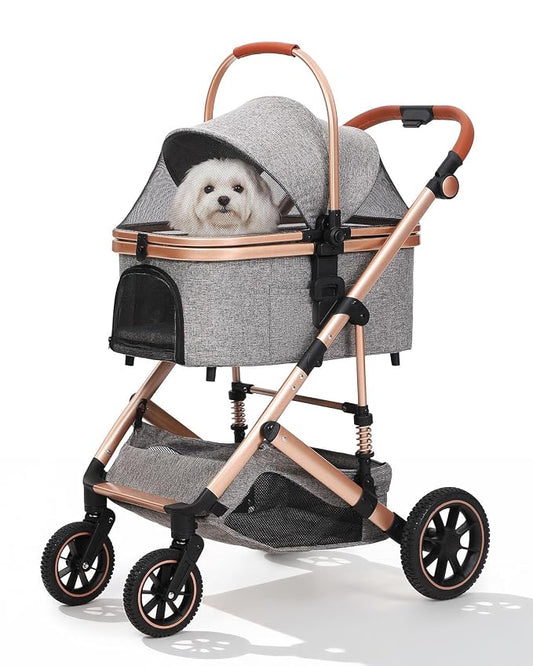 HOVONO Dog Stroller with Detachable Carrier for 2 Pets up to 60 lbs | 3-in-1 Cat Stroller with Lightweight Aluminum, 9.5” Shock-Absorbing Rubber Wheels for All-Terrain, Extra Large Storage Basket