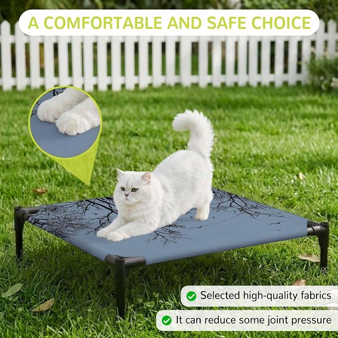 Outdoor Elevated Dog Bed for Small Dogs, Blue Black Branches Breathable Cooling Raised Dog Cot for Indoor/Outdoor, Botanical Dead Tree Birds Waterproof Elevated Pet Beds, S 20 x 20 in