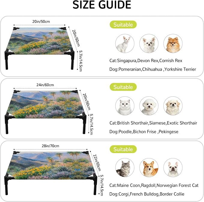 Outdoor Elevated Dog Bed for Medium Dogs, Tropical Mountain Breathable Cooling Raised Dog Cot for Indoor/Outdoor, Farmhouse Nature Trees Flowers Blue Sky Waterproof Elevated Pet Beds, M 24 x 20 in