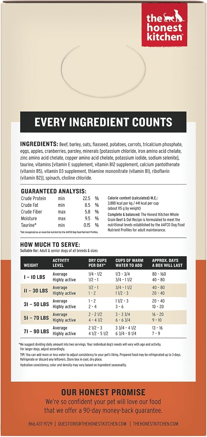 The Honest Kitchen Human Grade Wholemade™ Dehydrated Whole Grain Dog Food - Complete & Balanced Meal or Topper - Beef & Oat 10 lb Box