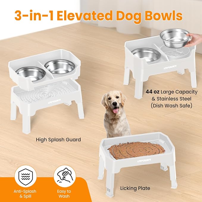 URPOWER Elevated Dog Bowls, 3-in-1 Double Deck Raised Dog Bowl Stand | 4 Height Adjustable Raised Stand with 2 Stainless Steel Food Bowls & Licking Plate for Small, Medium & Large Dogs