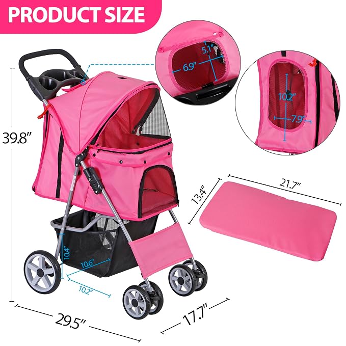Pet Stroller for Medium Small Dogs - Easy to Walk Folding Travel Carrier Strolling Cart with Cup Holder, Weather Cover and Storage Basket (Pink)