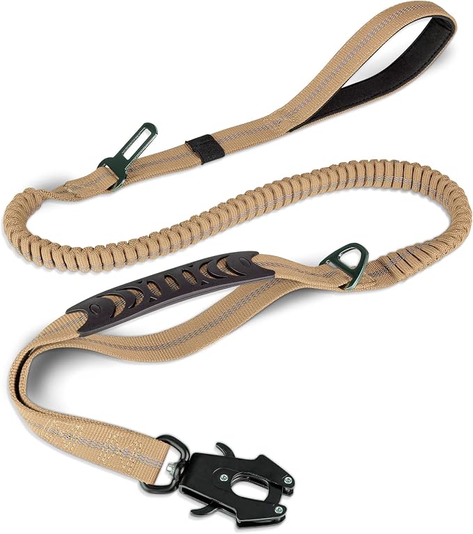 Joytale Tactical Bungee Dog Leash, Shock Absorbing No Pull, Coyote Brown | for Large Dogs That Pull, 2 Padded Handles for Control, Car Seatbelt Clip, Reflective for Night Safety, Metal Frog Clip