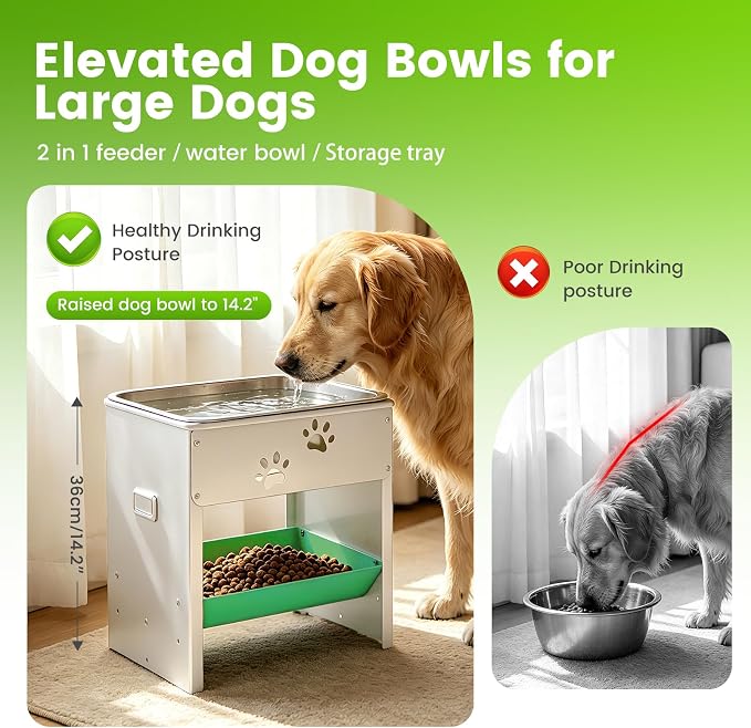 3 Gal Large Dog Water Bowl Elevated 14.2" Outdoor Stainless Steel Pet Water Food Bowl Adjustable Raised Metal Dog Bowl Stand Dish Plate for Cat, Big, Extra Large Breeds, Easy to Clean