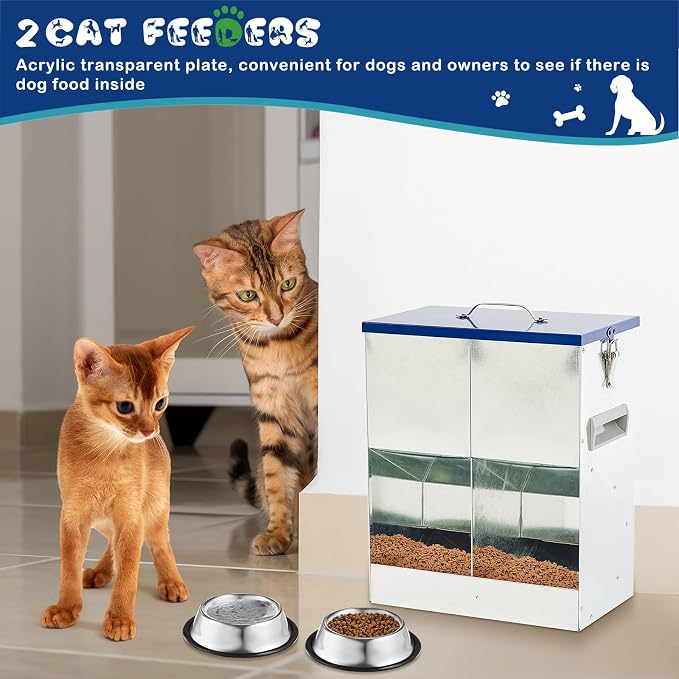 Qinyoung Automatic Feeder for 2 Cats Outdoor Galvanized 42cups/10l Double Feeder with 2 Stainless Steel Water Bowls for Small Pets Cats Dogs Outdoor Indoor Dry Food Dispenser