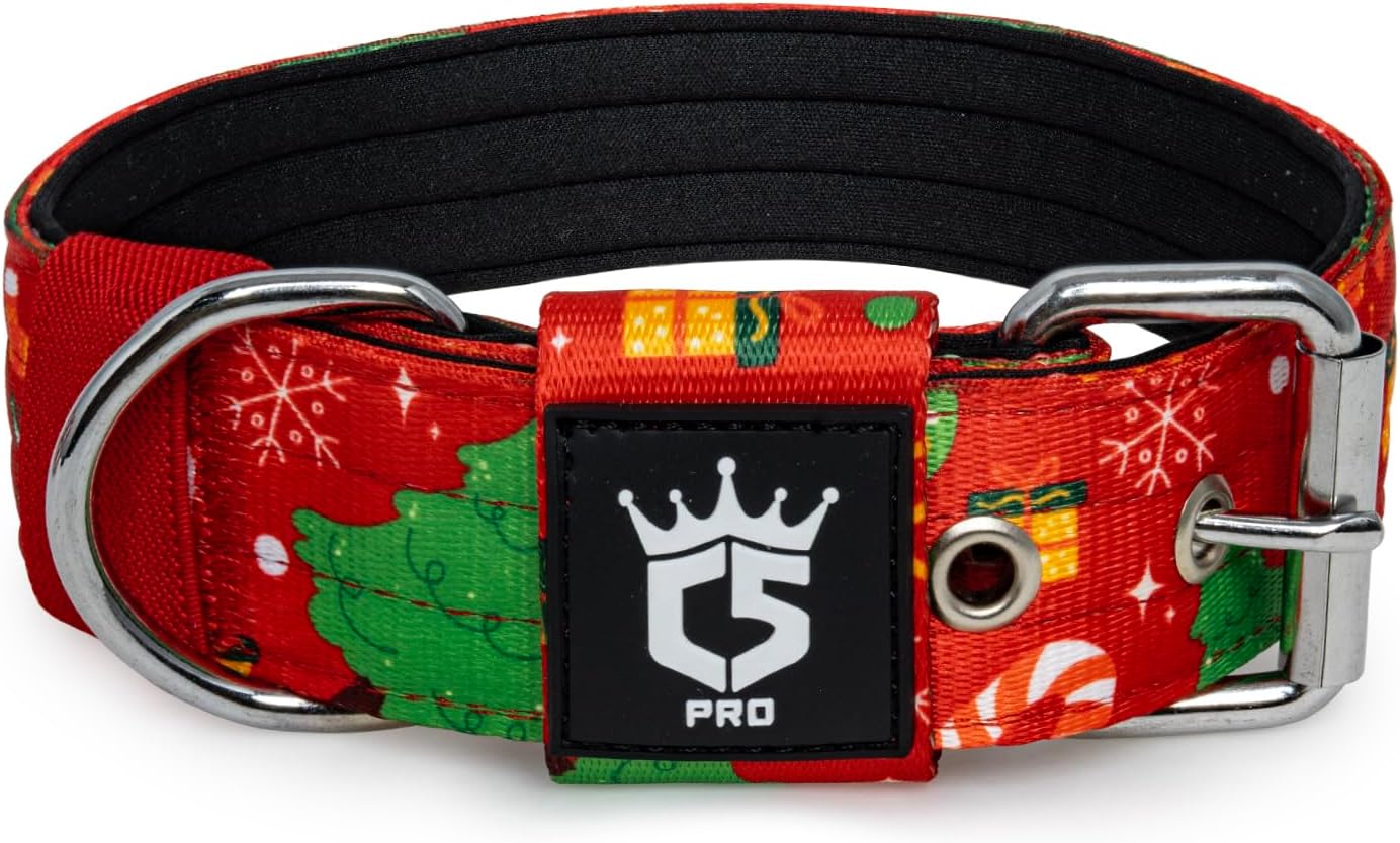 TSPRO Tactical Dog Collar 1.5 Inch Wide Thick Dog Collars with Heavy Duty Metal Buckle, Durable, Strong, Adjustable for Medium to Large Dogs (Christmas Red L)