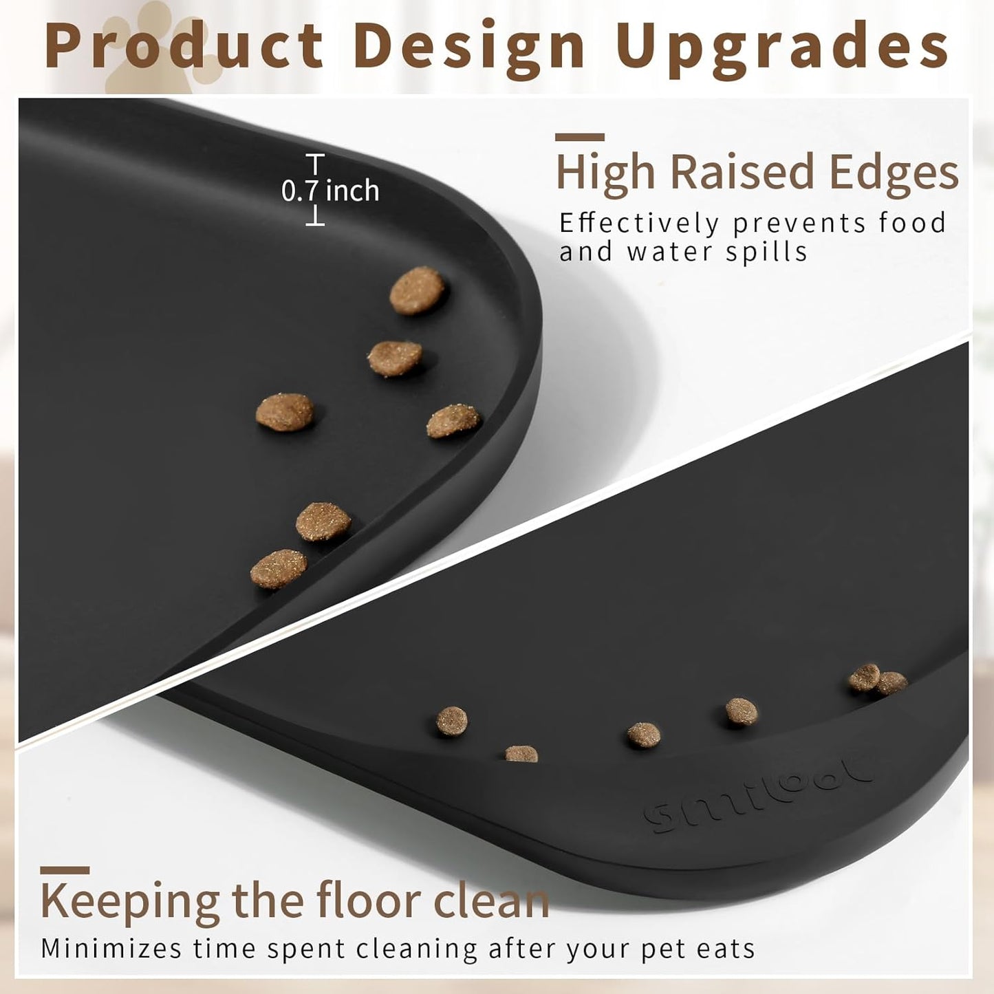 Silicone Pet Feeding Mat with Raised Edge & Residue Collection Pocket for Food and Water, Dog Bowl Mats, Cat Bowls Placemat with High Lip for Floor Waterproof, 19 x 12 x 0.7 Black